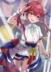 Rule 34 | 1girl, absurdres, blue ribbon, blue shorts, blue skirt, bow, bow skirt, bowtie, breasts, corset, frilled skirt, frills, hair ribbon, heart, heart-shaped pupils, heterochromia, highres, hololive, hololive idol uniform (bright), houshou marine, jacket, large bow, large breasts, layered skirt, long hair, looking at viewer, miniskirt, multicolored hair, open mouth, overskirt, puffy short sleeves, puffy sleeves, red eyes, red hair, ribbon, sash, shirt, short sleeves, shorts, skirt, smile, solo, streaked hair, symbol-shaped pupils, thigh strap, twintails, two-sided fabric, two-sided skirt, underbust, virtual youtuber, white jacket, white shirt, white skirt, wrist cuffs, yellow eyes, yoshinon (yoshinon kotori)