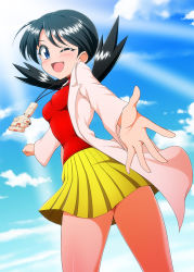 Rule 34 | 1girl, ;d, blue eyes, blue hair, blue sky, blush, cloud, coat, creatures (company), game freak, jewelry, kris (pokemon), looking at viewer, necklace, nintendo, one eye closed, open clothes, open coat, open mouth, pleated skirt, pokemon, pokemon adventures, red shirt, shirt, skirt, sky, smile, solo, takappe, twintails, white coat, yellow skirt