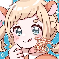 Rule 34 | 1girl, :p, animal ears, blue eyes, blush, character request, commission, dasimaru000000, deer ears, deer girl, english text, female focus, looking at viewer, signature, skeb commission, solo, tongue, tongue out