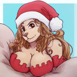 Rule 34 | 1girl, bare shoulders, blonde hair, blue background, border, breasts, cleavage, hat, large breasts, long hair, looking at viewer, no bra, one piece, outside border, red eyes, santa hat, simple background, smile, wanda (one piece), white border