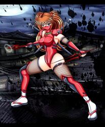 Rule 34 | 1990s (style), 1girl, adapted costume, artist request, ass, blush, bodysuit, breasts, brown hair, curvy, fighting stance, full body, hair between eyes, highres, holding, holding weapon, interface headset, kunoichi, lance of cassius, lance of longinus (evangelion), large breasts, leotard, long hair, looking at viewer, mask, mouth mask, neon genesis evangelion, ninja, plugsuit, red bodysuit, red leotard, retro artstyle, shiny clothes, shoulder pads, sky, solo, souryuu asuka langley, two side up, very long hair, weapon, wide hips