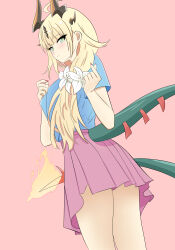 Rule 34 | 1girl, absurdres, arknights, blonde hair, blue background, blush, breasts, closed mouth, cowboy shot, dragon girl, dragon horns, dragon tail, duckycereal, finger heart, flame-tipped tail, flower, green eyes, hair flower, hair ornament, highres, horns, long hair, looking at viewer, medium breasts, nail polish, pink background, pink nails, pink skirt, pleated skirt, reed (arknights), reed the flame shadow (arknights), short sleeves, sidelocks, simple background, skirt, smile, solo, tail, white flower