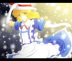 Rule 34 | 1girl, apron, bad id, bad pixiv id, blonde hair, dress, elbow gloves, female focus, flugel, gloves, hat, highres, kana anaberal, letterboxed, phantasmagoria of dim.dream, ribbon, short hair, smile, solo, sun hat, touhou, touhou (pc-98), yellow eyes