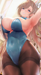 Rule 34 | 1girl, animal ears, arm up, armpits, asuna (blue archive), asuna (bunny) (blue archive), black pantyhose, blue archive, blue eyes, blue leotard, bow, bowtie, breasts, cleavage, collar, curvy, fake animal ears, gloves, grey hair, grin, highres, large breasts, legs together, leotard, leotard pull, navel, pantyhose, playboy bunny, rabbit ears, seductive smile, shiny clothes, skindentation, smile, solo, thick thighs, thighs, toyoman, traditional bowtie, white gloves