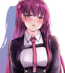 Rule 34 | 1girl, 3 small spiders, :o, black dress, blush, breasts, dress, girls&#039; frontline, hair ribbon, highres, long hair, looking at viewer, medium breasts, necktie, open mouth, purple eyes, purple hair, purple neckwear, purple ribbon, ribbon, shadow, shirt, side ponytail, solo focus, upper body, wa2000 (girls&#039; frontline), white background, white shirt