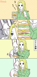 Rule 34 | 1boy, blonde hair, comic, dirty deeds done dirt cheap, funny valentine, highres, jojo no kimyou na bouken, long hair, male focus, polka dot, polka dot background, sandwich, speed lines, stand (jojo), steel ball run, text focus, tonbo (304knot), translation request, triangle mouth