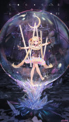 Rule 34 | 1girl, artist name, atdan, bare shoulders, barefoot, blonde hair, blue eyes, braid, bubble, commentary, copyright request, crescent moon, crystal, dress, english commentary, english text, highres, leotard, long hair, looking at viewer, moon, outstretched arms, pink ribbon, ribbon, signature, solo, spread arms, standing, standing on one leg, tagme, transparent, twin braids, twintails, very long hair
