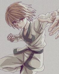 Rule 34 | 1boy, blonde hair, chain, closed mouth, earrings, enoki (gongindon), fighting stance, foreshortening, hunter x hunter, incoming attack, incoming punch, jewelry, kurapika, long sleeves, looking at viewer, male focus, official alternate costume, punching, red eyes, serious, shirt, short hair, simple background, solo, v-neck, white shirt