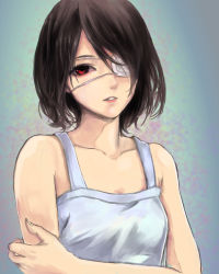 Rule 34 | 10s, 1girl, another, black hair, eyelashes, eyepatch, hair over one eye, hirodi, holding own arm, looking at viewer, misaki mei, parted lips, red eyes, short hair, smile, solo, tank top, upper body