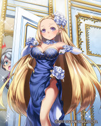 Rule 34 | 2girls, :o, bad arm, bad id, bad pixiv id, bare shoulders, blonde hair, blue dress, blue eyes, blush, braid, breasts, bridal gauntlets, clenched hand, dress, earrings, flower, glasses, gloves, gold trim, grey hair, hair flower, hair ornament, hm (tolosalmon), indoors, isis (venus rumble), jewelry, large breasts, looking at viewer, multiple girls, official art, peeking, purple eyes, ring, short hair, solo focus, sparkle, standing, venus rumble, white gloves