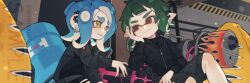 Rule 34 | 1boy, 1girl, black jacket, black pants, black shorts, blaster (splatoon), blue hair, clenched teeth, closed mouth, commission, earrings, film grain, furrowed brow, green hair, half-closed eye, hand on own cheek, hand on own face, hand up, head rest, heavy splatling (splatoon), highres, inkling boy, inkling player character, jacket, jewelry, kneeling, leaning on weapon, light particles, long hair, looking at another, nintendo, octoling girl, octoling player character, pants, pointy ears, prat rat, red eyes, short hair, shorts, single earring, sitting, smile, splatoon (series), splatoon 3, suction cups, teeth, tentacle hair, thick eyebrows, torn clothes, torn pants, watermark, yellow eyes, zipper, zipper pull tab