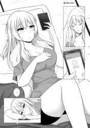 Rule 34 | 10s, 1girl, alternate costume, alternate hairstyle, blush, breasts, cleavage, comic, female focus, greyscale, hair down, holding, holding phone, kantai collection, kashima (kancolle), large breasts, long hair, lying, monochrome, on back, phone, pillow, solo, twitter username, wangphing