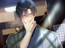 Rule 34 | 1boy, black hair, blurry, blurry background, blush, covering own mouth, embarrassed, glasses, hair between eyes, hand over own mouth, indoors, izumi (stardustalone), japanese clothes, kimono, male focus, renri no chigiri wo kimi to shiru, solo, sunlight, upper body