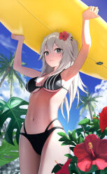 1girl animal_ears armpits arms_up bikini black_bikini blue_sky breasts cleavage cloud flower grey_eyes grey_hair hair_flower hair_ornament highres holding holding_surfboard hololive large_breasts lion_ears lion_girl long_hair looking_at_viewer navel palm_tree shishiro_botan sky smile string_bikini surfboard swimsuit torjun_111 tree virtual_youtuber