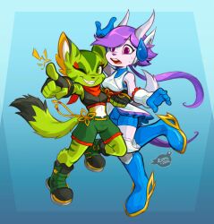 Rule 34 | 2girls, alaynakgray, animal ears, black gloves, blue background, blue dress, bodysuit, boots, breasts, carol tea, cat ears, cat tail, dragon girl, dragon horns, dress, eyelashes, fingerless gloves, freedom planet, furry, galaxytrail, gloves, green fur, green shorts, headgear, highres, horns, japanese clothes, looking at viewer, midriff, multiple girls, one eye closed, open mouth, pink eyes, pointing, pointing at viewer, purple hair, red scarf, sash lilac, scarf, shorts, smile, tail, thick thighs, thighs, twintails, white dress, yellow eyes