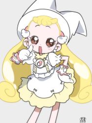 Rule 34 | 1girl, :d, blonde hair, blush, brown eyes, dated, dress, earrings, finger to face, gloves, grey background, hand on own hip, hat, highres, jewelry, long hair, looking at viewer, magical girl, makihatayama hana, ojamajo doremi, open mouth, puffy short sleeves, puffy sleeves, romaji commentary, short bangs, short sleeves, signature, simple background, smile, solo, standing, tof x x, twintails, very long hair, white dress, white gloves, white hat, wing hair ornament, witch hat