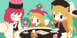 Rule 34 | + +, 3girls, bare shoulders, black choker, black dress, black eyes, black headwear, black neckwear, black shirt, blonde hair, blue shirt, blush, chair, chibi, chinese clothes, choker, closed eyes, closed mouth, clownpiece, cobalta, dress, eating, fairy wings, food, green background, green skirt, hair between eyes, hand on own face, hand up, hands up, hat, hecatia lapislazuli, ice cream, jester cap, junko (touhou), long hair, long sleeves, menu, multicolored clothes, multicolored shirt, multicolored skirt, multiple girls, off shoulder, open mouth, pink headwear, pink shirt, pink skirt, pom pom (clothes), red hair, red headwear, red skirt, red vest, shirt, short hair, short sleeves, sitting, skirt, spoon, star (symbol), t-shirt, tabard, table, tongue, touhou, vest, wide sleeves, wings