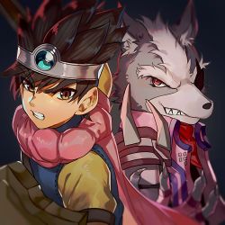 Rule 34 | 2boys, absurdres, angry, black hair, brown hair, cape, dragon quest, dragon quest iii, eyepatch, furry, furry male, gloves, hair ornament, highres, looking at viewer, multiple boys, nintendo, roto (dq3), short hair, simple background, smile, star fox, super smash bros., wolf o&#039;donnell, yasaikakiage