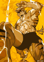 Rule 34 | 1boy, animal ears, bara, cum, diamond (shape), facial hair, foot out of frame, foreshortening, forked eyebrows, from below, furry, furry male, goatee, highres, large pectorals, long hair, male focus, mature male, multicolored hair, muscular, muscular male, nipples, original, pectorals, pouring, sadiend, solo, stomach, streaked hair, suggestive fluid, thick eyebrows, tiger boy, tiger ears, two-tone fur, xian miao, yellow theme