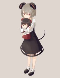 Rule 34 | animal ears, blush, bow, brown hair, cookie (touhou), grey hair, hair bow, hair tubes, hakurei reimu, highres, looking at viewer, mini person, minigirl, miyako (naotsugu), mouse ears, mouse tail, nazrin, nyon (cookie), parted lips, red bow, red eyes, reu (cookie), smile, tail, teeth, touhou