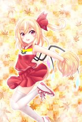 Rule 34 | 1girl, :d, blonde hair, blush, checkered background, cheerleader, collarbone, flandre scarlet, hair between eyes, hair ornament, highres, leaf, leaf background, leg up, long hair, looking at viewer, maple leaf, miniskirt, open mouth, outstretched arms, pleated skirt, pointy ears, pom pom (cheerleading), red eyes, red ribbon, red shirt, red skirt, reimei (r758120518), ribbon, shirt, shoes, side ponytail, skirt, sleeveless, sleeveless shirt, smile, sneakers, solo, thighhighs, touhou, white footwear, white thighhighs, wings