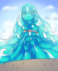 Rule 34 | 1girl, akira (meltyhip), blue skin, boat, breasts, cephalopod eyes, colored skin, completely nude, day, giant, giantess, hair between eyes, highres, long hair, monster girl, no nipples, nude, original, outdoors, slime girl, solo, twitter username, very long hair, watercraft, wavy mouth