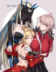 Rule 34 | 3girls, aunt and niece, bare shoulders, black skirt, blonde hair, braid, breasts, commentary request, cowboy shot, crown, detached sleeves, english text, fate/apocrypha, fate/grand order, fate (series), florence nightingale (fate), from behind, girl sandwich, green eyes, hair ornament, hair ribbon, hair scrunchie, highres, joki yoh, large breasts, long braid, long hair, mordred (fate), mordred (fate/apocrypha), morgan le fay (fate), multiple girls, one eye closed, red eyes, red scrunchie, ribbon, sandwiched, scrunchie, see-through, skirt
