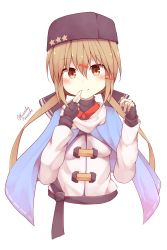 Rule 34 | 1girl, anchor necklace, black bow, black gloves, black hat, blue shawl, bow, brown eyes, brown hair, commentary request, cropped torso, fingerless gloves, fur hat, gloves, hair bow, hat, highres, jacket, jewelry, kantai collection, long hair, looking at viewer, low twintails, necklace, one-hour drawing challenge, papakha, ribbon trim, scarf, shawl, simple background, smile, solo, tashkent (kancolle), tateishi kureha, torn clothes, torn scarf, twintails, twitter username, white background, white jacket, white scarf