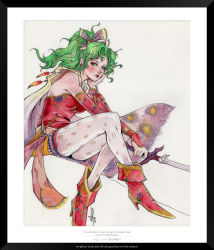 Rule 34 | 1990s (style), 1girl, ankle boots, blue eyes, boots, breasts, cape, head rest, commentary, detached sleeves, earrings, final fantasy, final fantasy vi, green hair, highres, jewelry, lips, lipstick, long hair, makeup, medium breasts, pantyhose, patterned legwear, photo (medium), pointy footwear, polka dot, polka dot legwear, ponytail, shoes, sitting, solo, sword, tholia, tina branford, traditional media, weapon