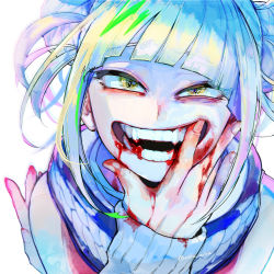 Rule 34 | 1girl, bags under eyes, blonde hair, blood, blood in mouth, blood on clothes, blood on face, blood on hands, blood on teeth, blunt bangs, boku no hero academia, double bun, fangs, hair bun, hand on own face, highres, open mouth, simple background, smile, teeth, toga himiko, twitter username, unou (unou mha), white background, yellow eyes