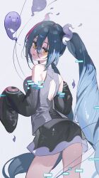 Rule 34 | 1girl, absurdres, ass, back cutout, bare shoulders, blue hair, breasts, clothing cutout, creatures (company), detached sleeves, from behind, game freak, ghost, ghost miku (project voltage), grey background, grey shirt, hair between eyes, hatsune miku, highres, long hair, looking at viewer, looking back, medium breasts, neonneon321, nintendo, pokemon, project voltage, see-through, see-through skirt, shirt, simple background, skirt, sleeveless, sleeveless shirt, sleeves past fingers, sleeves past wrists, solo, tongue, tongue out, twintails, very long hair, vocaloid, yellow eyes