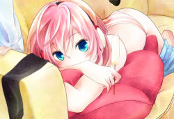 Rule 34 | 1girl, acotamago, bad id, bad pixiv id, blue eyes, couch, food, long hair, looking at viewer, lying, megurine luka, on stomach, panties, pillow, pink hair, popsicle, solo, striped clothes, striped panties, topfreedom, topless, underwear, vocaloid, yellow upholstery