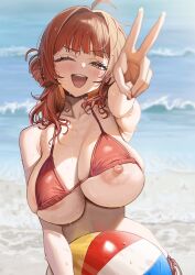 1girl ;d absurdres ahoge ball beachball bikini blush breasts gakuen_idolmaster hair_intakes hanami_ume highres idolmaster large_areolae large_breasts nipple_slip nipples ocean one_eye_closed open_mouth ramanda red_bikini red_hair side-tie_bikini_bottom smile swimsuit underboob v waves wet