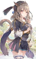Rule 34 | 1girl, animal ears, animal hat, warrior of light (ff14), bag, black shirt, blouse, blue dress, blue pants, blue sky, blue thighhighs, blush, breasts, brown hair, capelet, cat ears, cat tail, clenched hand, commentary request, cowboy shot, dress, facial mark, fence, final fantasy, final fantasy xiv, frilled thighhighs, frills, grass, hat, highres, holding, holding bag, holding hair, hood, hooded capelet, looking at viewer, medium breasts, medium hair, miqo&#039;te, momoko (momopoco), multicolored background, nail polish, pants, parted lips, pink nails, red eyes, scenery, shirt, short dress, short shorts, shorts, shoulder bag, sky, slit pupils, solo, standing, tail, thighhighs, tree, white shirt, white thighhighs, wooden fence, zettai ryouiki