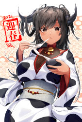 Rule 34 | 1girl, 2021, animal print, breasts, brown eyes, brown hair, chinese zodiac, chopsticks, commentary request, cow girl, cow horns, cow print, dark-skinned female, dark skin, eating, female focus, food, hair between eyes, highres, holding, holding chopsticks, horns, japanese clothes, kimono, large breasts, long hair, long sleeves, looking at viewer, meth (emethmeth), mochi, nengajou, new year, obi, original, sash, solo, translation request, upper body, wide sleeves, year of the ox