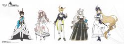 Rule 34 | 1boy, 4girls, absurdly long hair, ambience synesthesia, amiya (arknights), animal ears, arknights, artist request, bad link, bare shoulders, black dress, black footwear, black gloves, black headwear, black jacket, blue eyes, bonnet, boots, brown hair, closed umbrella, dress, eyjafjalla (arknights), feet out of frame, gloves, hat, highres, holding, holding umbrella, jacket, leggings, leonhardt (arknights), long hair, looking at viewer, mini hat, mini top hat, multiple girls, night, off-shoulder dress, off shoulder, official alternate costume, official art, pants, pramanix (arknights), puffy short sleeves, puffy sleeves, purple eyes, purple headwear, rabbit ears, rapier, rella, saileach (arknights), scabbard, sheath, sheathed, short sleeves, simple background, smile, standing, sword, third-party source, top hat, umbrella, very long hair, weapon, white background, white dress, white hair, white pants