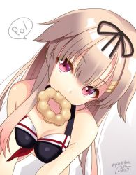 Rule 34 | 10s, 1girl, at-yui, bikini, black bikini, black bow, black ribbon, blonde hair, bow, doughnut, food, food in mouth, grey background, hair flaps, hair ornament, hair ribbon, hairclip, image sample, kantai collection, looking at viewer, md5 mismatch, mouth hold, red eyes, resolution mismatch, ribbon, signature, simple background, solo, source larger, speech bubble, straight hair, swimsuit, twitter username, yuiattribute, yuudachi (kancolle), yuudachi kai ni (kancolle)