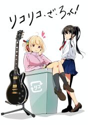 Rule 34 | 2girls, ahoge, black hair, blue skirt, bocchi the rock!, bow, bowtie, brown footwear, cosplay, cube hair ornament, gotoh hitori (cosplay), gotoh hitori, guitar, hair ornament, hair ribbon, heart, highres, in trash can, inoue takina, instrument, jacket, long hair, looking at viewer, lycoris recoil, miniskirt, misskiwi, multiple girls, nishikigi chisato, pink jacket, pleated skirt, red bow, red bowtie, red ribbon, ribbon, shirt, shoes, short hair, simple background, skirt, track jacket, translation request, trash can, white shirt