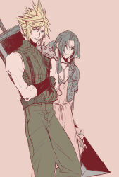 Rule 34 | 1 5 haja, 1boy, 1girl, aerith gainsborough, armor, black gloves, blonde hair, blue eyes, braid, brown hair, buster sword, choker, cloud strife, cropped jacket, crossed arms, dress, final fantasy, final fantasy vii, final fantasy vii remake, flower, flower basket, gloves, green eyes, hair between eyes, hair ribbon, jewelry, lily (flower), long hair, muscular, muscular male, necklace, pants, parted bangs, pink background, pink dress, ribbon, shirt, short hair, shoulder armor, sidelocks, sleeveless, sleeveless shirt, spiked hair, square enix, suspenders, upper body, weapon, weapon on back