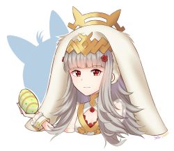 Rule 34 | 1girl, animal ears, artist name, rabbit ears, cleavage cutout, closed mouth, clothing cutout, easter egg, egg, fake animal ears, fire emblem, fire emblem heroes, flower, grey hair, hair flower, hair ornament, highres, holding, long hair, nintendo, red eyes, simple background, snowsakurachan, solo, upper body, veronica (fire emblem), white background