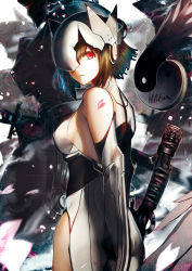 Rule 34 | 1girl, artist name, blonde hair, blue hair, breasts, broken, cherry blossoms, copyright request, detached sleeves, dress, helmet, highres, iltusa, looking at viewer, looking back, one eye covered, petals, red eyes, robot, short hair, sideboob, solo focus, sword, tattoo, weapon, white dress, wings, yin yang