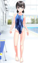 Rule 34 | 1girl, absurdres, barefoot, bench, black hair, blue one-piece swimsuit, breasts, clothes writing, commentary request, competition swimsuit, full body, gluteal fold, green eyes, highres, indoors, looking at viewer, low twintails, multicolored clothes, multicolored swimsuit, one-piece swimsuit, original, pool, short hair, small breasts, solo, standing, string of flags, swimsuit, takafumi, twintails
