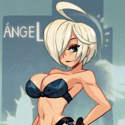 Rule 34 | alex ahad, angel (kof), green eyes, hand on own hip, navel, snk, solo, the king of fighters, white hair