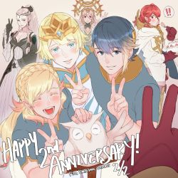 Rule 34 | !, 1boy, 5girls, alfonse (fire emblem), anna (fire emblem), anniversary, bird, black gloves, blonde hair, blue eyes, blue hair, braid, breasts, brother and sister, cake, cleavage, closed mouth, copyright name, crown, crown braid, dress, earrings, eating, eir (fire emblem), closed eyes, feh (fire emblem heroes), fire emblem, fire emblem awakening, fire emblem heroes, fjorm (fire emblem), food, fork, from side, gloves, gradient hair, grey hair, hair ornament, holding, holding fork, jewelry, kiran (fire emblem), krazehkai, long hair, long sleeves, looking to the side, medium breasts, multicolored hair, multiple girls, nintendo, open mouth, owl, parted lips, pink hair, ponytail, red eyes, red hair, sharena (fire emblem), short hair, short sleeves, siblings, smile, spoken exclamation mark, v, veronica (fire emblem)