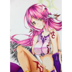 Rule 34 | 1girl, angel wings, breasts, commentary request, spiked halo, crop top, feathered wings, gloves, halo, highres, jibril (no game no life), large breasts, long hair, low wings, magic circle, marker (medium), midriff, navel, no game no life, pink hair, shinki (user srrn2727), sideboob, solo, tattoo, traditional media, wing ears, wings, yellow eyes