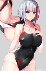 Rule 34 | 1girl, admiral graf spee (azur lane), azur lane, black one-piece swimsuit, blue eyes, competition swimsuit, covered navel, cowboy shot, grey background, highres, looking at viewer, monotosu, multicolored hair, one-piece swimsuit, red hair, short hair, silver hair, simple background, solo, streaked hair, swimsuit, wet