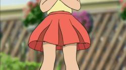 Rule 34 | 1girl, animated, animated gif, brown hair, by source material, child, doraemon, legs, lowres, minamoto shizuka, official art, open mouth, panties, short hair, short twintails, skirt, solo, sparkle, standing, twintails, underwear, white panties, wind, wind lift