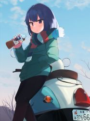 Rule 34 | 1girl, bare tree, black pants, blue hair, blue sky, bottle, closed mouth, cloud, commentary request, day, green jacket, hand in pocket, hand up, unworn headwear, helmet, unworn helmet, highres, hinami047, holding, holding bottle, jacket, long sleeves, looking at viewer, motor vehicle, outdoors, pants, red eyes, scooter, shima rin, sky, sleeves past wrists, solo, tree, yurucamp