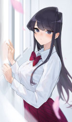 Rule 34 | 1girl, absurdres, black eyes, black hair, blush, bow, bowtie, breasts, cherry blossoms, closed mouth, collared shirt, commentary, dress shirt, from side, hands up, highres, indoors, komi-san wa komyushou desu, komi shouko, large breasts, long hair, long sleeves, looking at viewer, motion blur, parted lips, petals, pleated skirt, red skirt, school uniform, shirt, shirt tucked in, skirt, solo, swept bangs, takita (takita3411), white shirt, window, wing collar