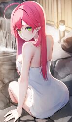Rule 34 | 1girl, ahoge, arm support, ass, bare arms, bare shoulders, blush, breasts, green eyes, hair between eyes, highres, hololive, large breasts, long hair, looking at viewer, looking back, naked towel, nyan (reinyan 007), onsen, open mouth, pink hair, sakura miko, sitting, solo, towel, virtual youtuber, wet, white towel